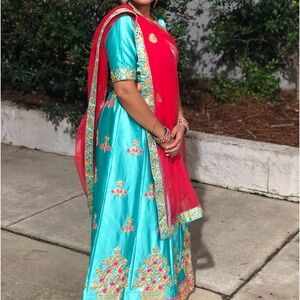 Chaniya Choli, Silk with sky blue teal and deep pink duppatta in net fabric